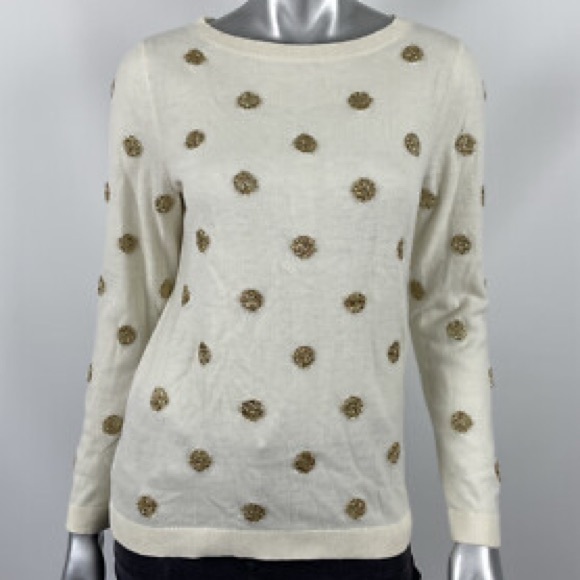 EUC Talbots Cream Sweater with Silver,Shiny Polka Dot w/Long Sleeves Scoop Neck - Picture 2 of 11